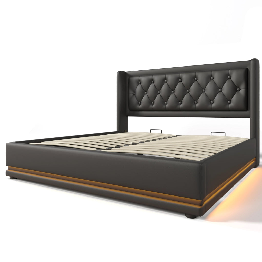 Letto contenitore 180x200 cm in PU nero con LED e porte USB/Type-C