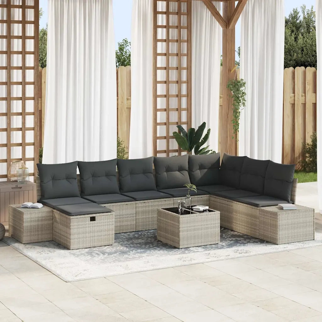 Set Divano da Giardino 9 pcs Grigio chiaro Poly Rattan