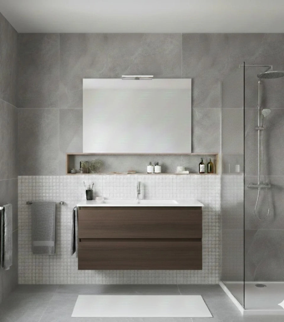 Mobile Bagno LOKI Già Montato 2 cassetti con piedini, lavabo e specchio Frassino tea 100x40 cm
