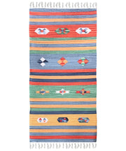 Tappeto KELIM 05 disegni etnici orientali colori vivaci cm.90x150 tessuto e frangia 100% cotone, lavabile in lavatrice