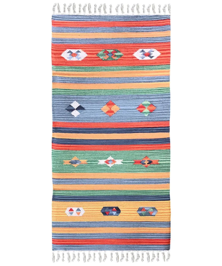 Tappeto KELIM 05 disegni etnici orientali colori vivaci cm.90x150 tessuto e frangia 100% cotone, lavabile in lavatrice