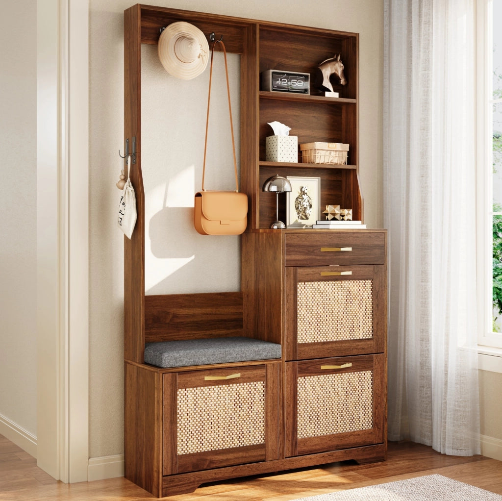 Guardaroba da ingresso 100x30x170 cm multifunzione con seduta; ante effetto rattan; MDF noce