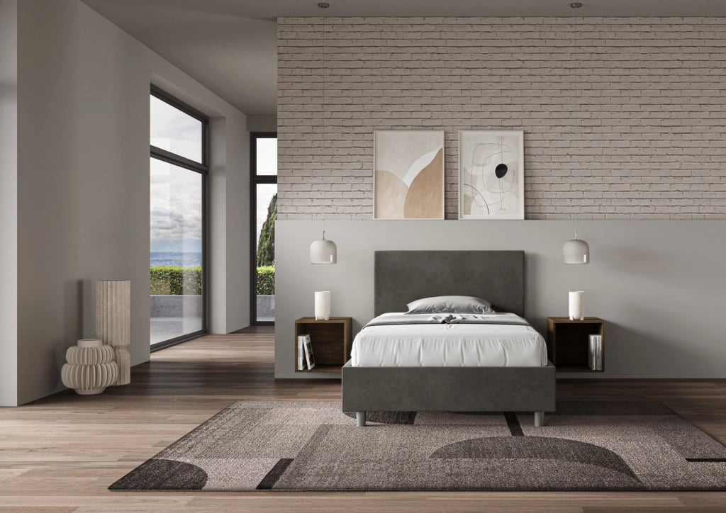 BS COM Letto una piazza e mezza con rete imbottito 110x210 microfibra grigio