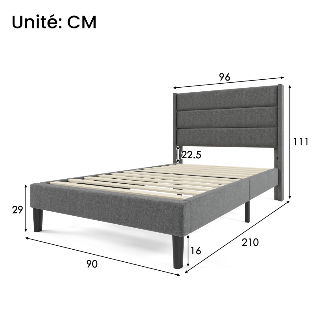 OKWISH Letto Singolo 90×200 cm con Testiera Imbottita e Doghe, senza Materasso, in Lino - Grigio Scuro