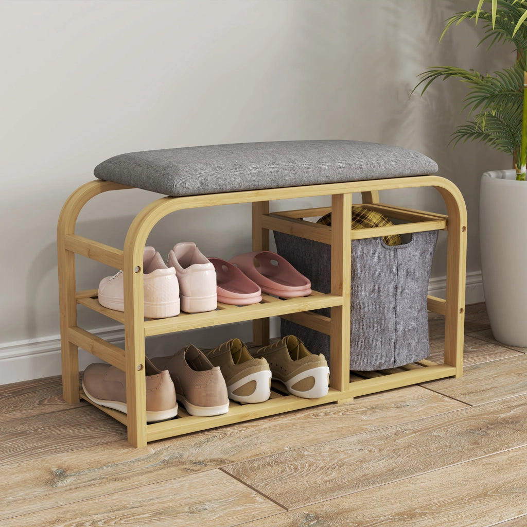 Panca portascarpe con cuscino ¨C Xylo ¨C legno naturale, 2 ripiani e cestino, 70x30x45cm