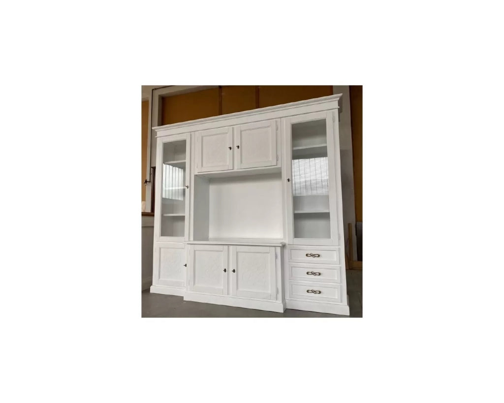 Parete attrezzata porta tv shabby legno bianco anticato con rilievo 250x53x225 - Mobili 2G
