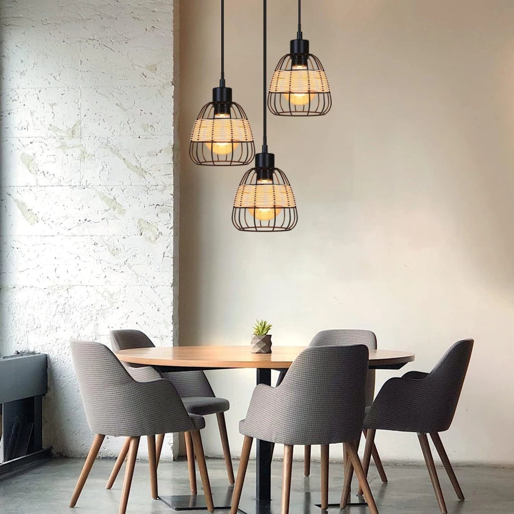 Lampada a Sospensione ZMH 3 luci rotonda nera E27 rattan vintage rustico retr¨° per soggiorno sala da pranzo e cucina