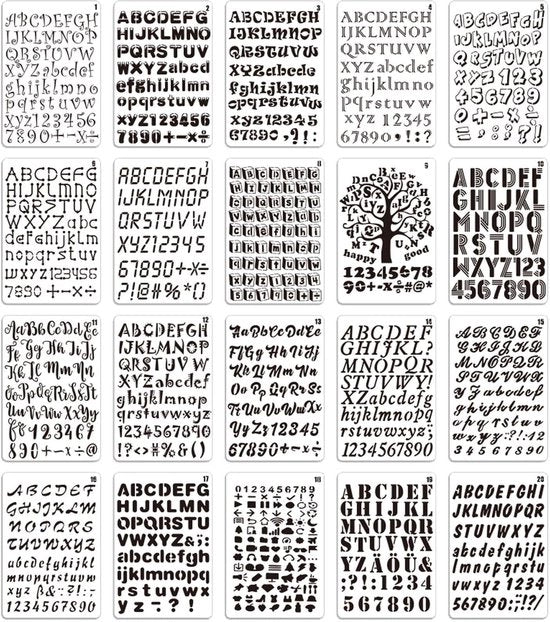 Stencils 20 pezzi Reutilizzabili - Schemi Lettere/Numeri - Strumenti di disegno - Scrapbooking - Doodle creativi - Per bambini/Adulti