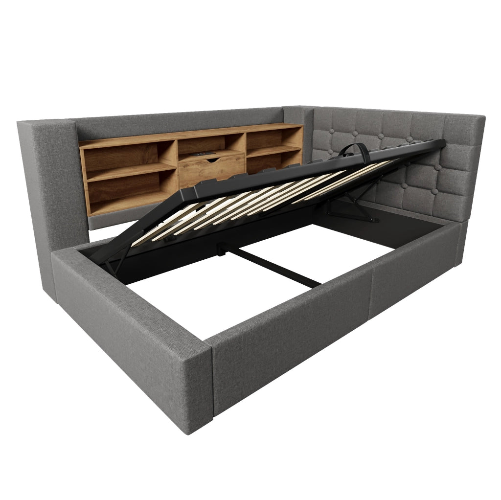 Letto singolo 90x200 cm con LED; contenitore idraulico e materasso; grigio