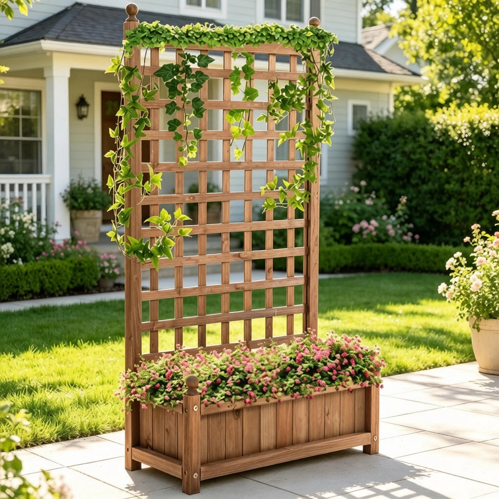 Fioriera con struttura rampicante, aiuola rialzata con retro in rete, elegante supporto per piante, elegante contenitore per piante con struttura a re
