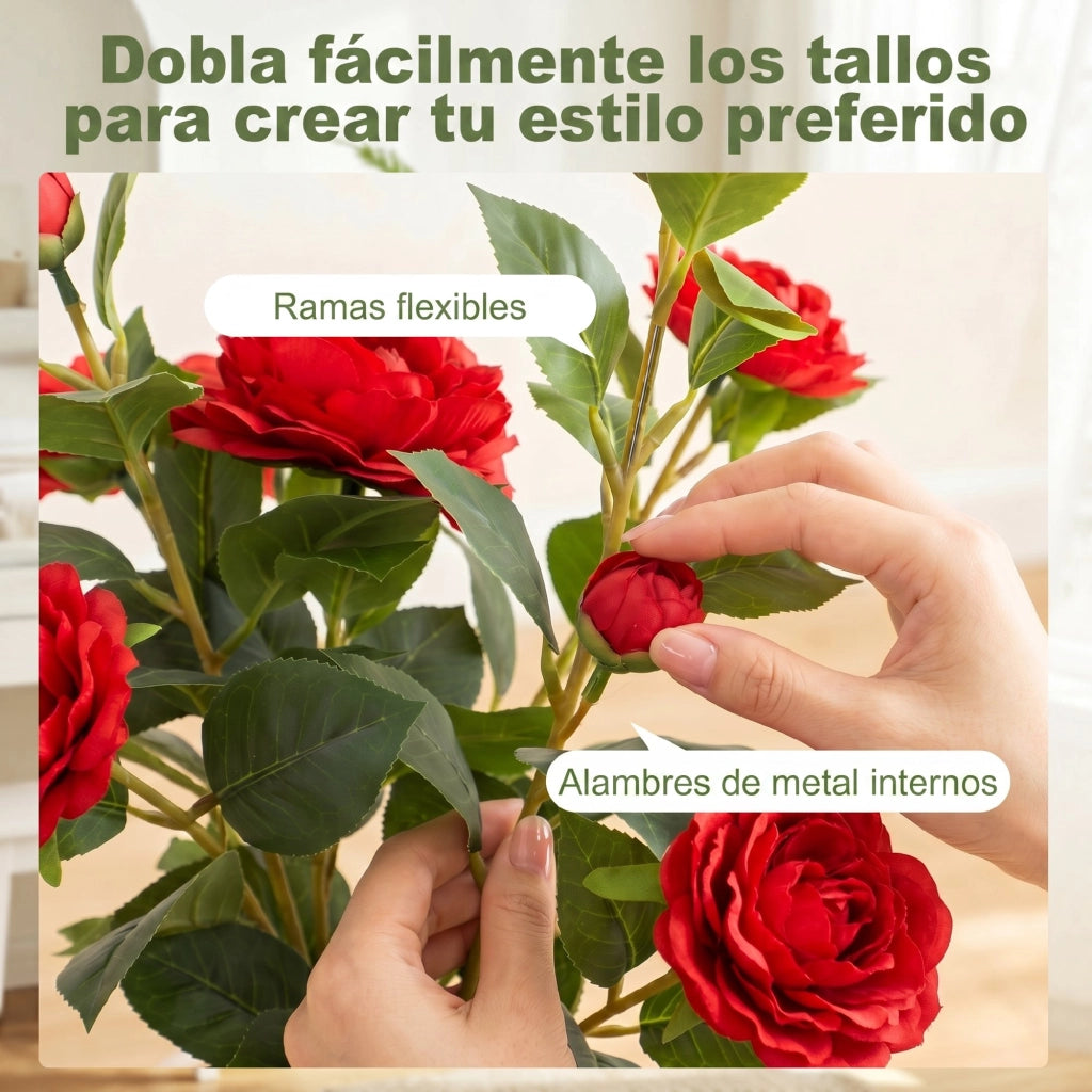 Planta Artificiale Camelia in Vaso con Fiori ¨C Minimal ¨C 65 cm, Effetto Muschio Rosso