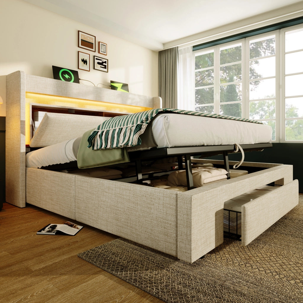 letto imbottito lino beige 140x200 cm
