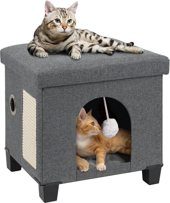 Casa per gatti pieghevole con passerella e pallone - Casa per gatti multifunzionale in plastica grigia - 375 x 325 x 36 cm