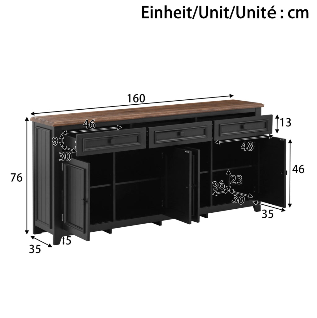 Sideboard moderno 160x35x76 cm in MDF nero con 3 cassetti e 4 ante