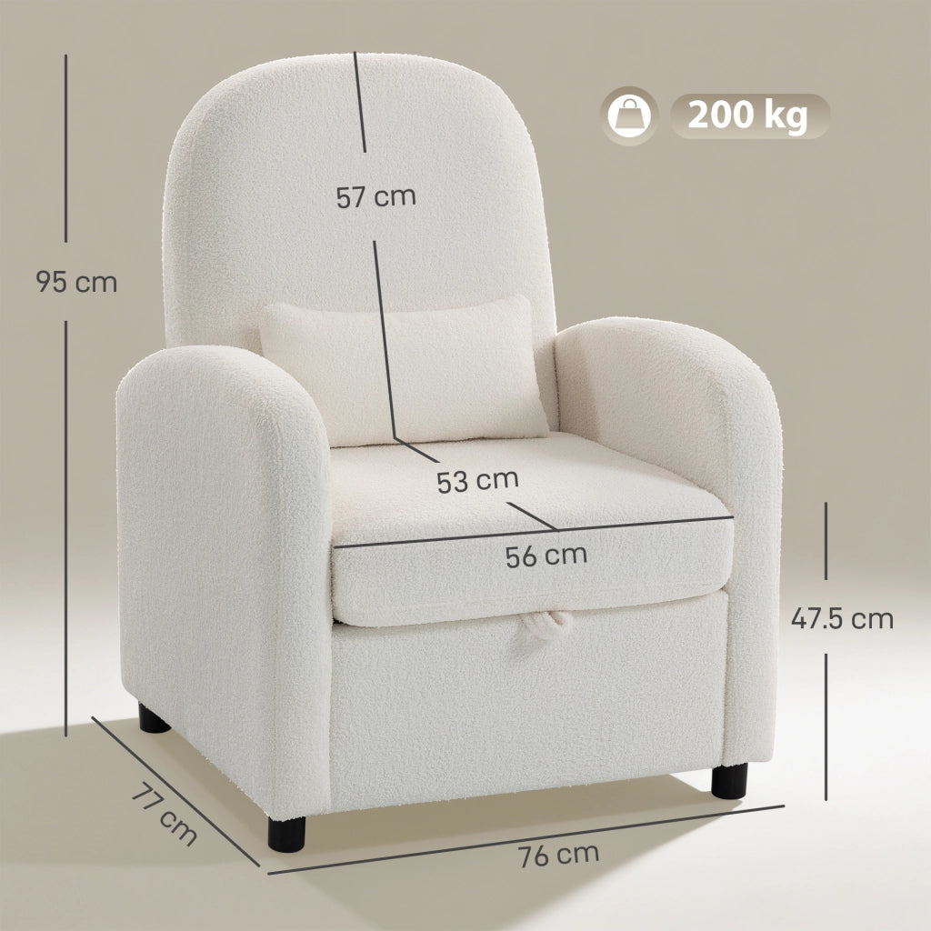 Poltrona Moderna con Cuscino e Spazio Contenitore ¨C Zephmum ¨C Rivestimento in Pile Teddy Crema 76x77x95 cm