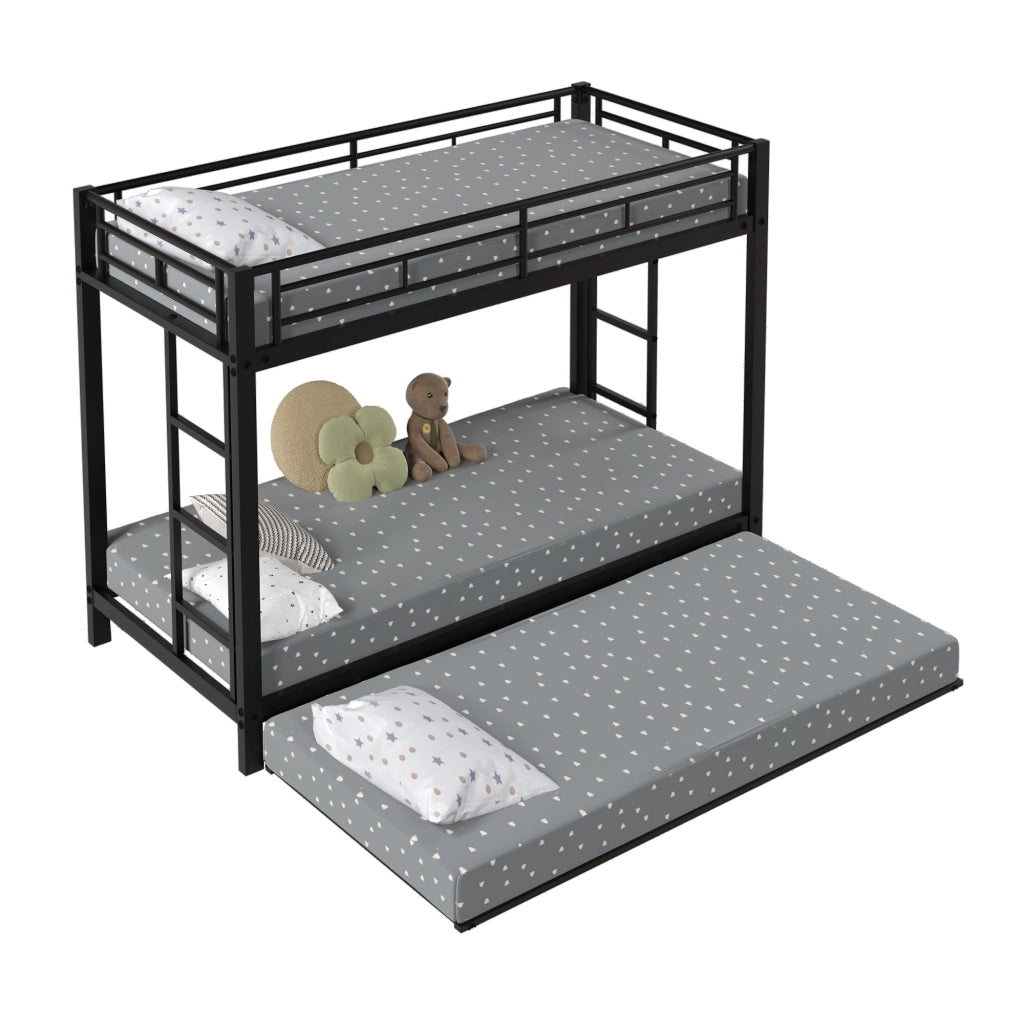 Letto a castello in metallo con letto estraibile; sponde alte e doghe; certificato EN747; nero; 90x200 cm