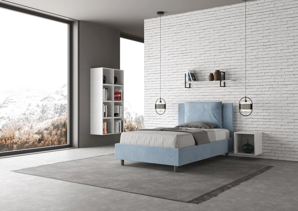 BS COM Letto una piazza e mezza senza rete imbottito 110x210 microfibra azzurro
