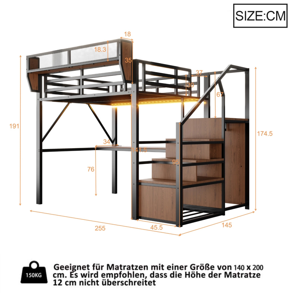 Letto a soppalco matrimoniale con striscia LED; scrivania da 200 cm; scala di sicurezza e scaffale flessibile 140 × 200 cm; senza materasso