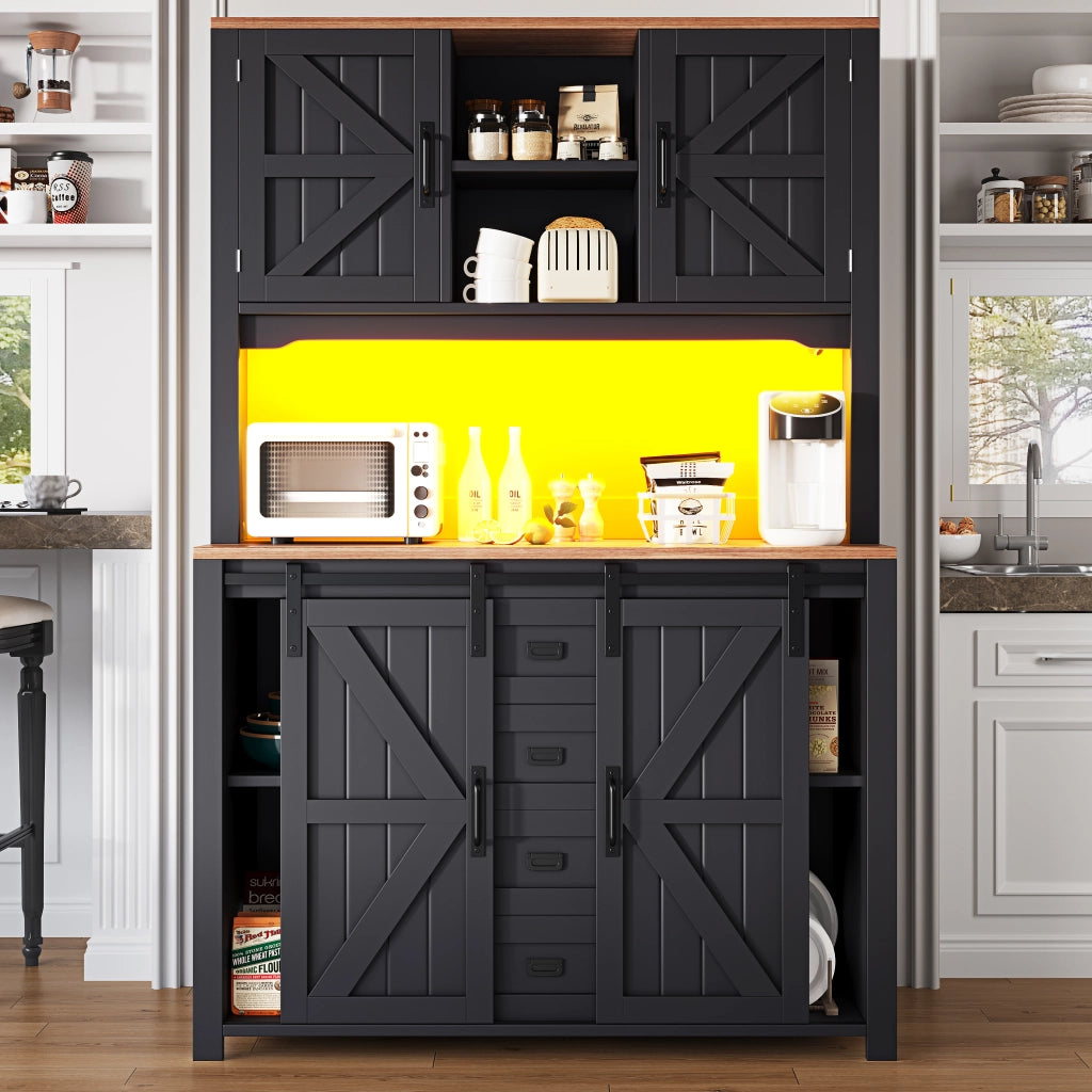 Mobile Cucina Alto con Ante Scorrevoli e LED ¨C MINIMAL ¨C Nero/Bianco, 115x40x174,7 cm