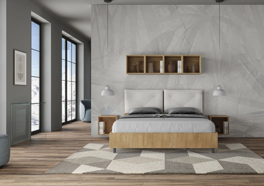 Letto Matrimoniale 160x190 cm con Rete Struttura Quercia con Cuscini in Similpelle Egos Appia Bianco