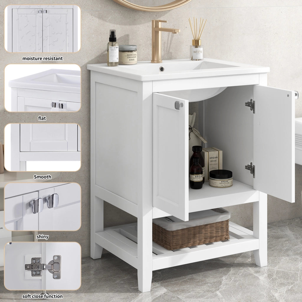 Mobile da bagno con lavabo in ceramica; 1 anta; per bagno; bianco; 60 cm