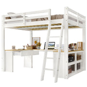 Letto a soppalco 140 × 200 cm 2 posti con tavolo a U; 2 cassetti e scaffale; senza materasso; bianco e naturale
