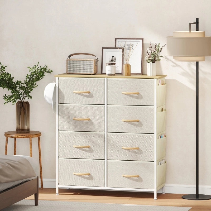 Cassettiera con 8 cassetti in tessuto; 4 tasche e 2 ganci; in acciaio; per camera da letto; beige; 86×30×94.5 cm