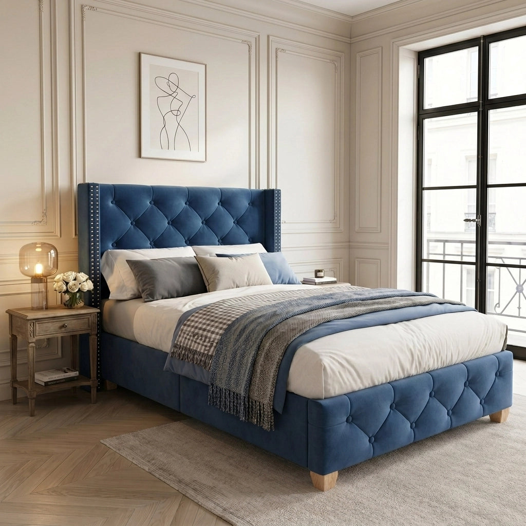 LETTO imbottito 90x200 cm in velluto blu con rete a doghe