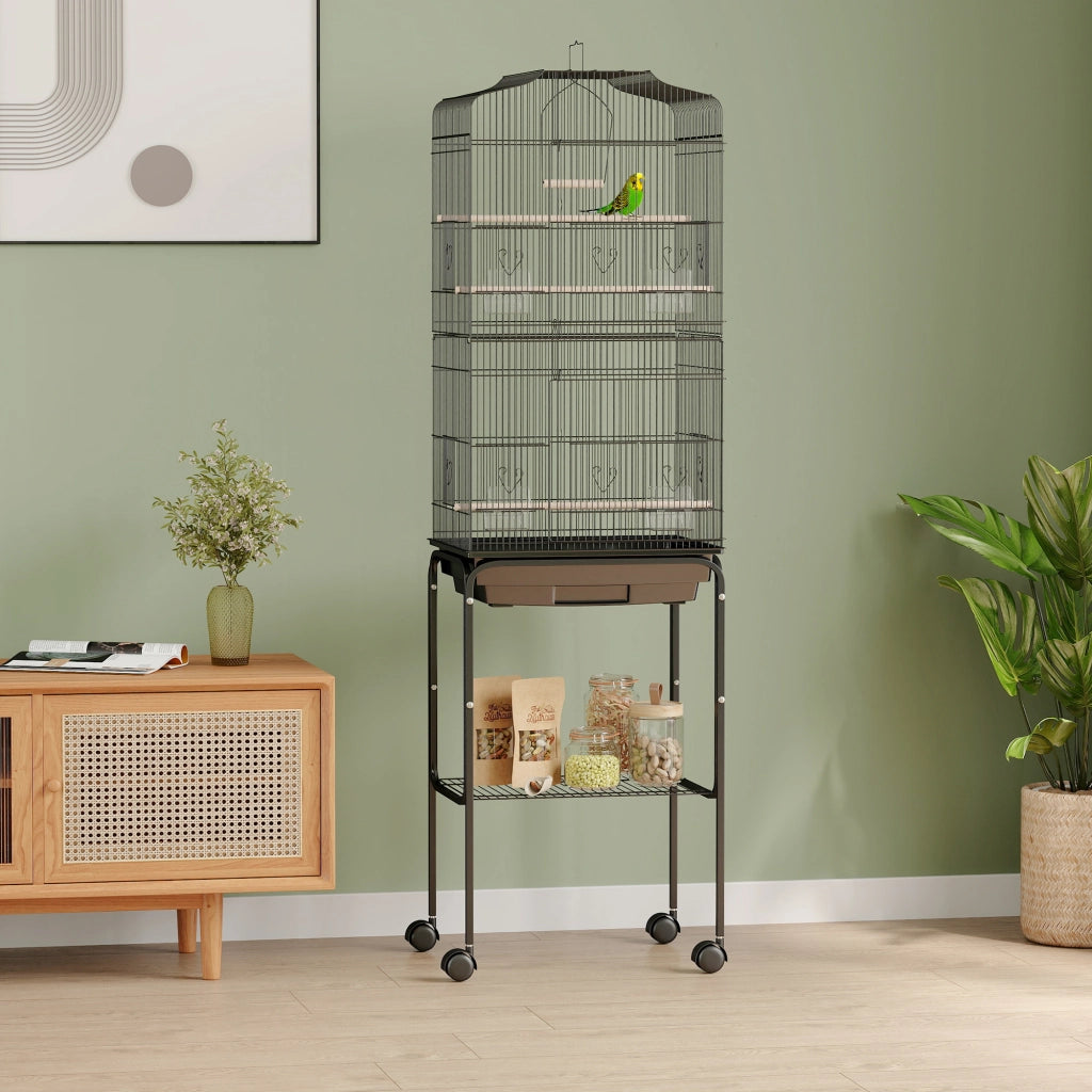 Gabbia per uccelli voliera con ruote tetto apribile 3 posatoi ¨C zephmum ¨C nero 46.5x36x157cm