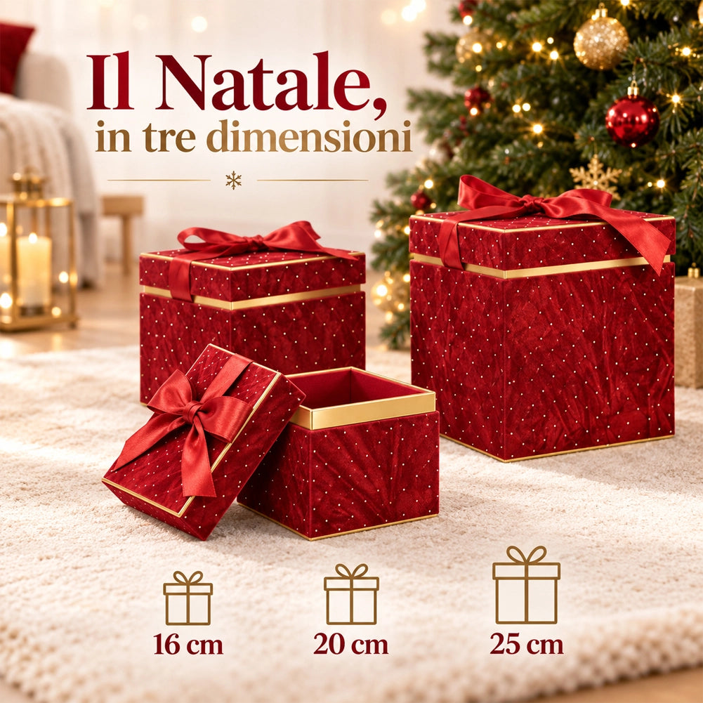 Set 3 Scatole Quadrate Decorazione Natalizia Bordeaux 16/20/25cm Scatola Fiocco