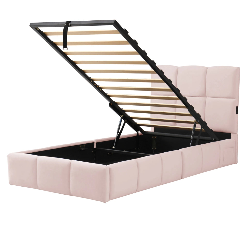 Letto singolo imbottito rosa con contenitore, rete a doghe e USB
