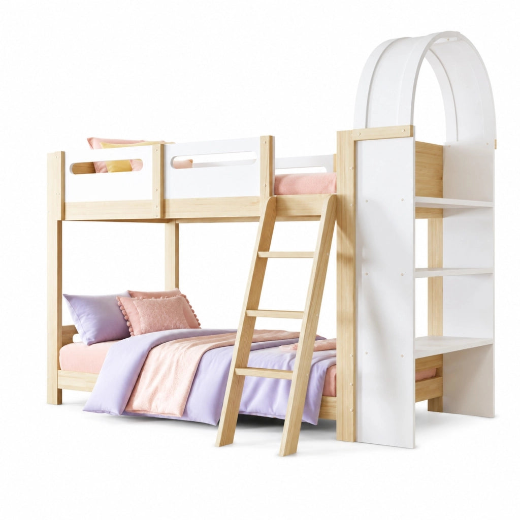 Letto a castello per bambini con scaffale a tre livelli, scaletta a tre gradini e spondina di sicurezza, 90x200 cm, bianco/naturale