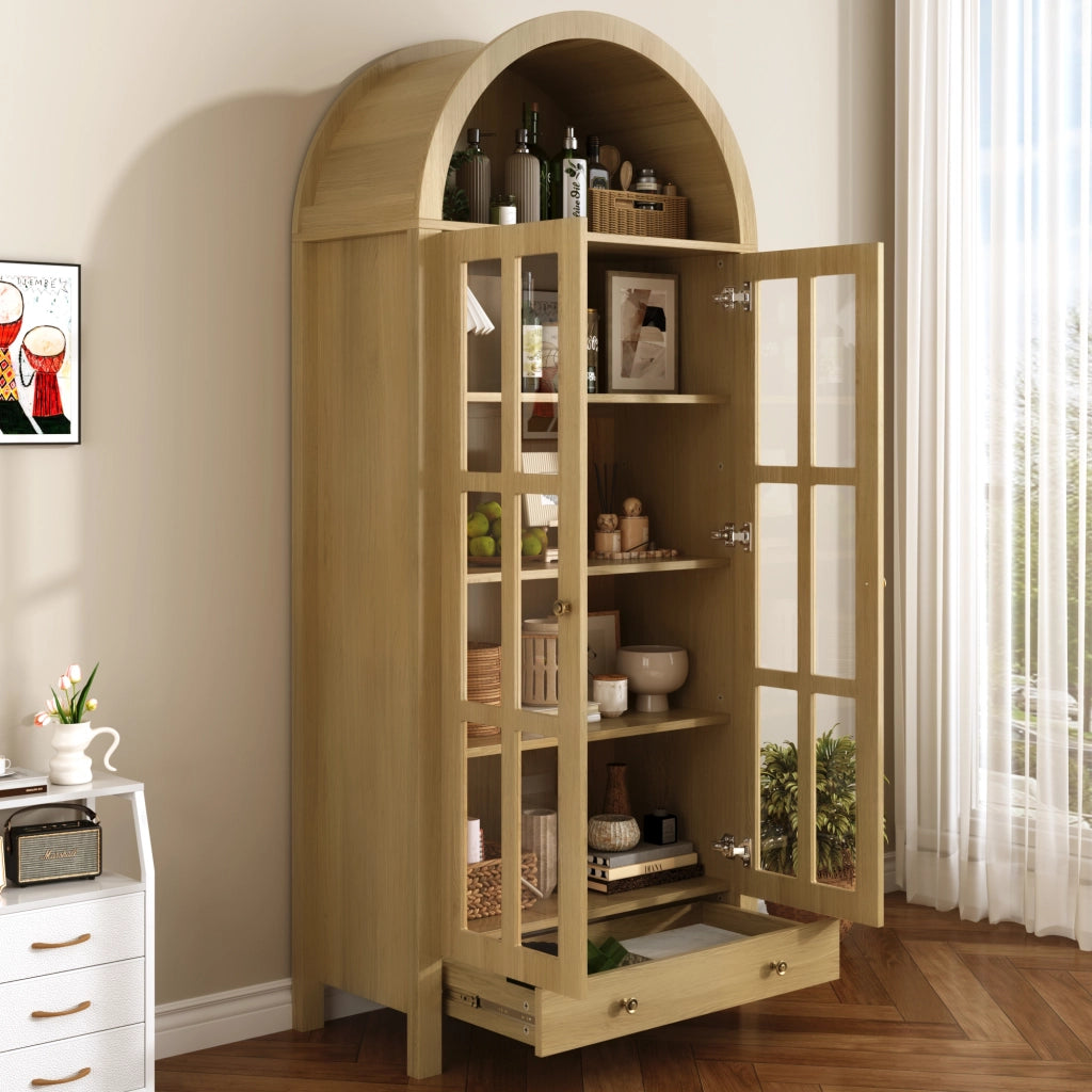 Vetrina ad Arco con 1 Cassetto e Ripiani per Soggiorno in MDF 75×35×170.5 cm Naturale