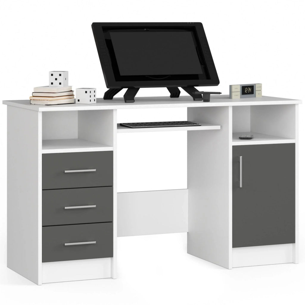 Scrivania AKORD ANA Bianco 124 cm 1 anta 3 cassetti inserto frontale Grigio Grafite 124x52x74 cm