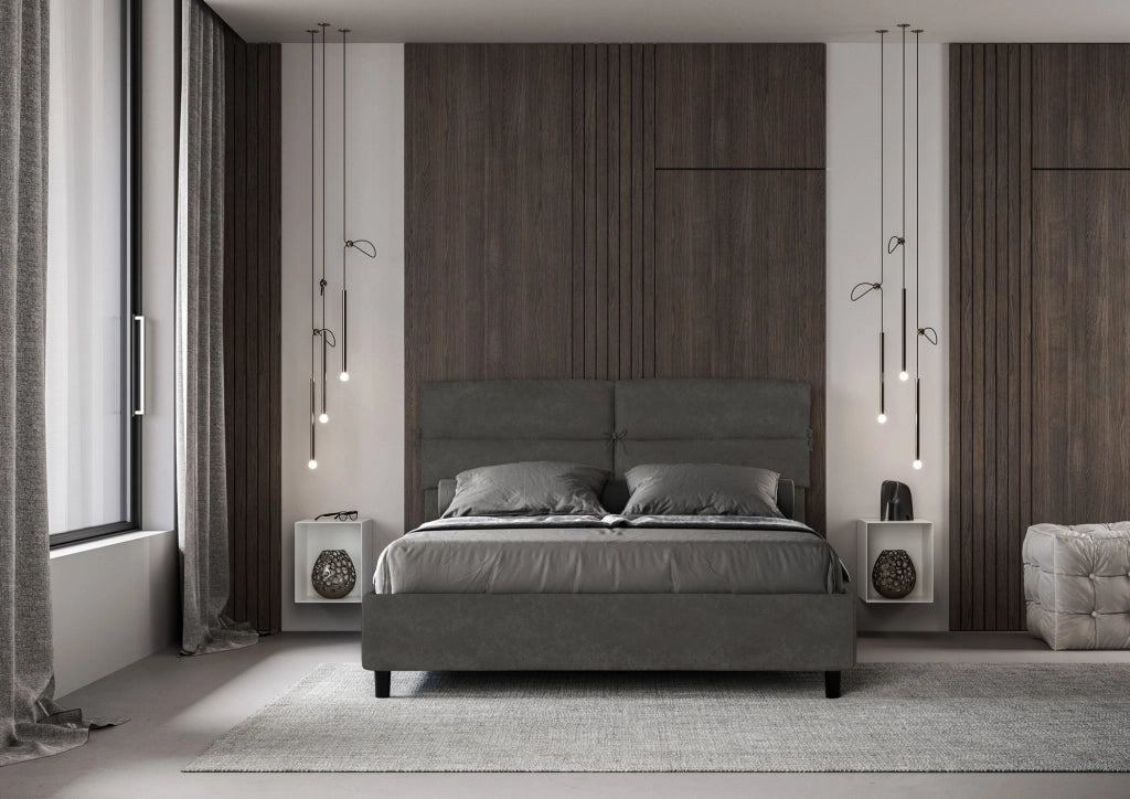 Letto Matrimoniale 160x190 cm con Rete e Contenitore con Testata e Alzata Comoda Imbottito in Microfibra Nandy Grigio