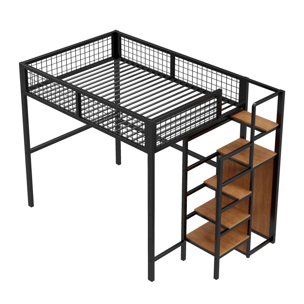 LETTO a soppalco 140x200 cm in metallo nero con scala e armadio
