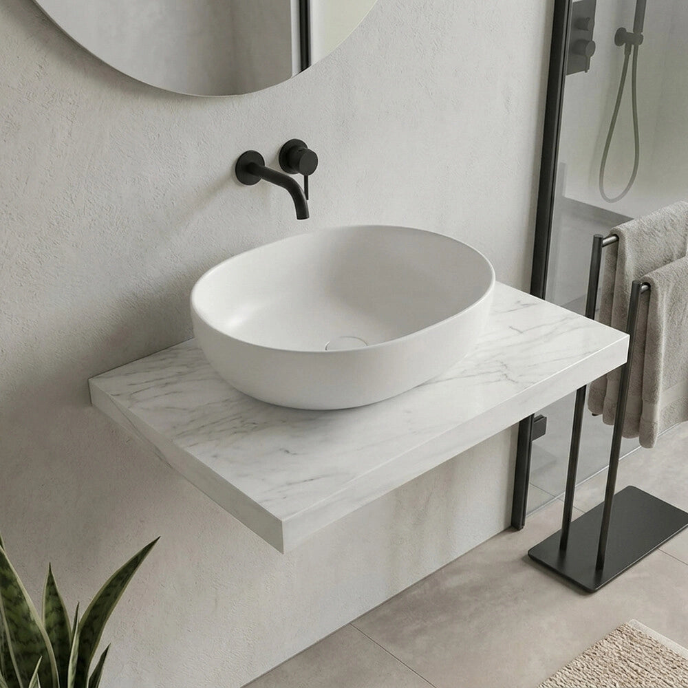 Mensolone bagno 80 cm in legno effetto marmo bianco carrara Levia