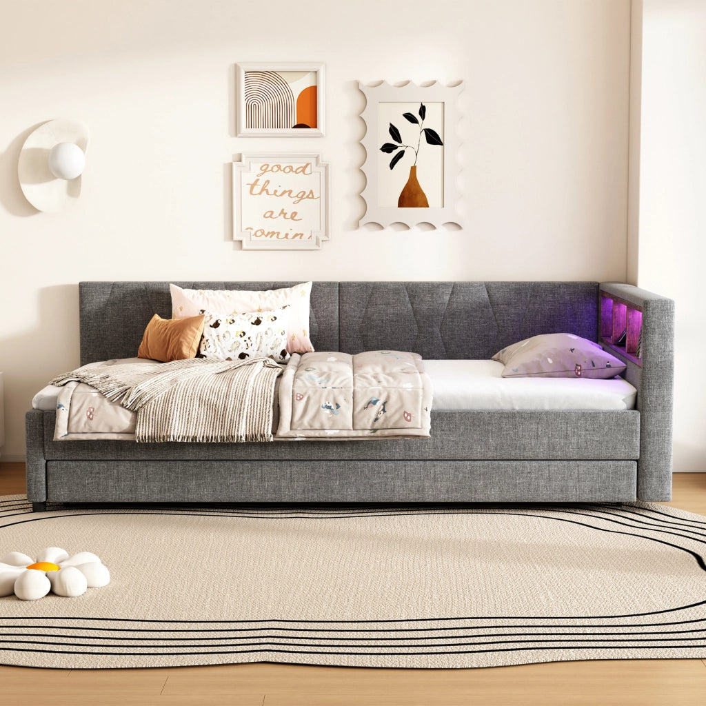 LETTO estraibile 90x200 cm Grigio in lino con USB Type-C e LED