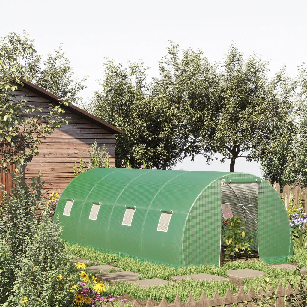 Serra a tunnel in polietilene, 6 x 3 m, con 8 finestre, protezione antigelo, struttura in tubi d'acciaio, colore verde scuro.