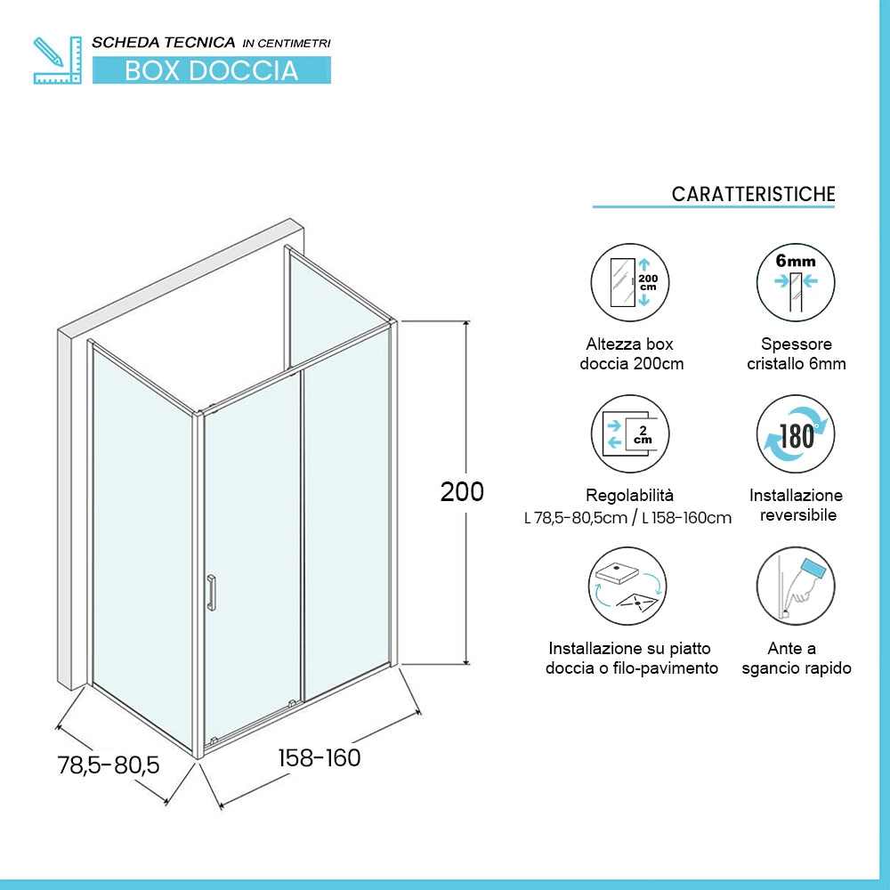 Box doccia 3 lati 80x160x80 cm con porta scorrevole in vetro trasparente Ted