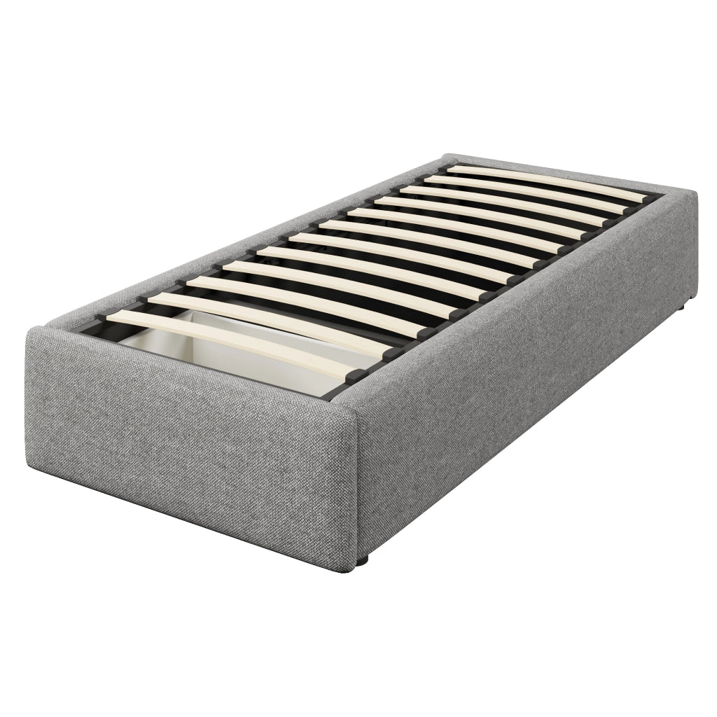 Letto adulto 90×200 cm; con contenitore idraulico e 1 cassetto; senza materasso; in tessuto grigio