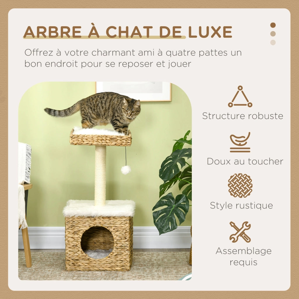 Tiragraffi per gatti 2 livelli con nicchia, palo sisal, piattaforma e pompon ¨C zephmum ¨C naturale