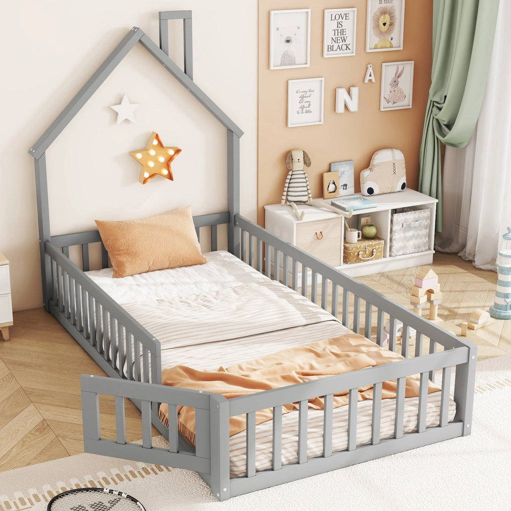 Letto a casetta con camino; recinzione di sicurezza e doghe; pino e MDF; grigio; 90x200 cm; senza materasso