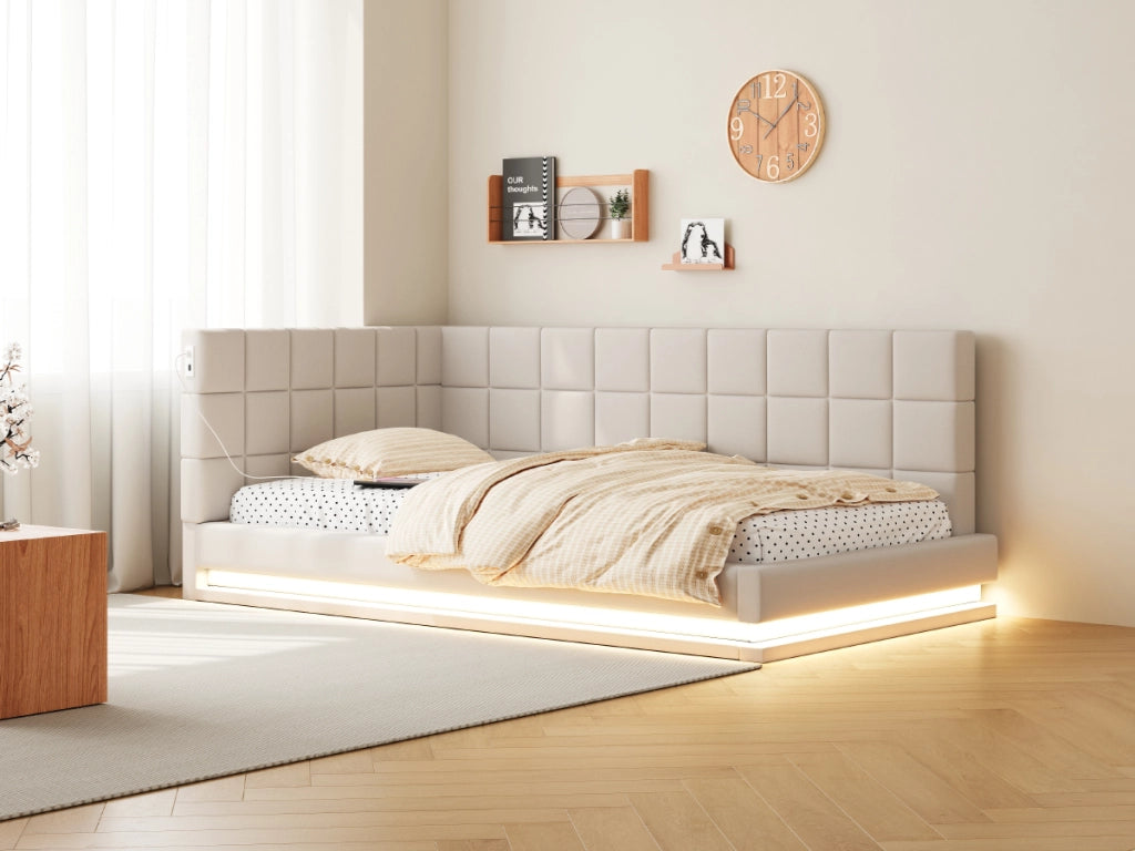 LETTO imbottito trasformabile 90x200 cm Beige con LED e USB