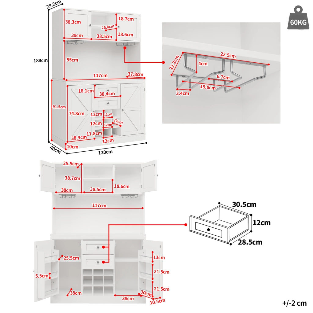 Credenza da Cucina Alta con 4 Ante; 2 Cassetti; Ripiani Regolabili e Portabottiglie; in MDF; 120x40x188 cm; Bianco