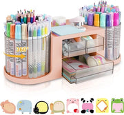 Organizzatore da scrivania rotativo con 2 contenitori per penne, supporto per penne multifunzionale rotativo 360° con 3 ante, 10 cassette, supporto per penne per ufficio, scuola e casa