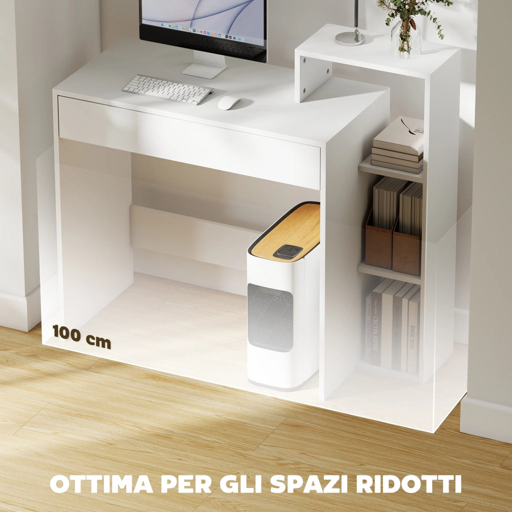Scrivania Moderna 100x40x90 cm con Ripiani e Cassetto in Legno Bianco