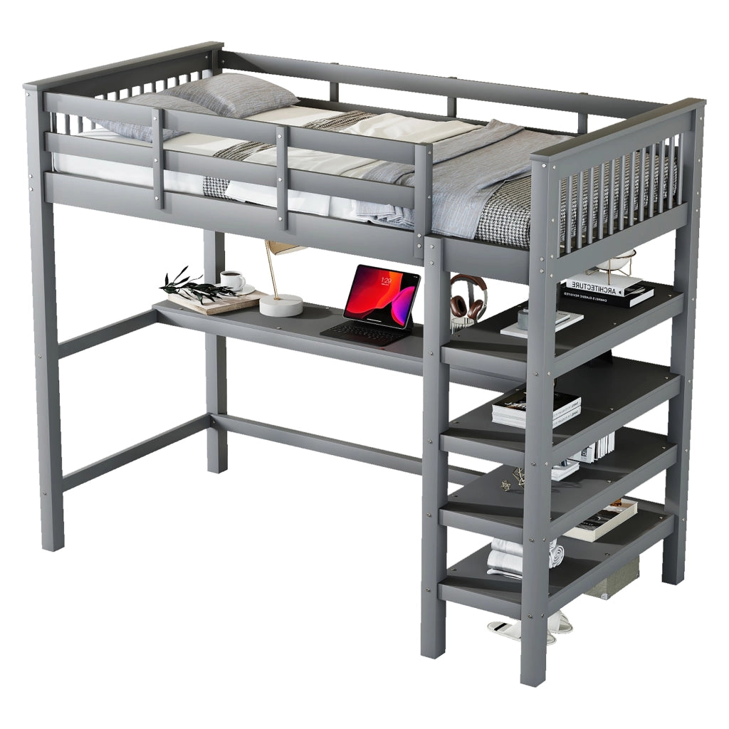 LETTO A CASTELLO ALTO con scrivania e ripiani 90 x 200 cm pino e MDF grigio
