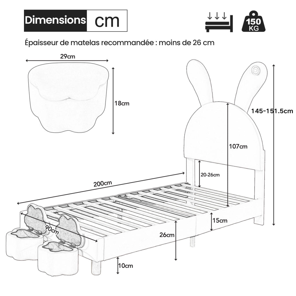 OKWISH Letto Bambini 90×200 cm, Letto Singolo con 2 Panche Contenitore, LED e Orecchie da Coniglio Pieghevoli, senza Materasso, Velluto Rosa