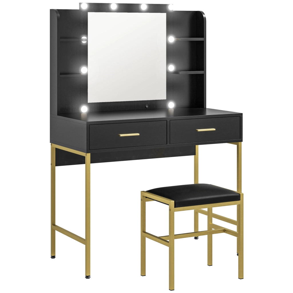 Toeletta Trucco con Specchio a 10 Lampadine e Sgabello Imbottito, Postazione Trucco con 2 Cassetti, 6 Ripiani Portaoggetti e Piedini Antiscivolo per Camera da Letto, Nero